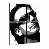 Ručně malovaný obraz POP Art Bono-U2 4 díly bono2 – 3D vizualizace ručně malovaného plátna na bílém pozadí. Dominantní barvy: černá, bílá, šedá.