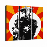 Ručně malovaný obraz POP Art Clint Eastwood 3 kusy ce2 – 3D vizualizace ručně malovaného plátna na bílém pozadí. Dominantní barvy: černá, žlutá, červená, bílá.