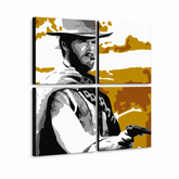 Ručně malovaný obraz POP Art Clint Eastwood 3 kusy ce3 – 3D vizualizace ručně malovaného plátna na bílém pozadí. Dominantní barvy: černá, oranžová, bílá, šedá, hnědá.