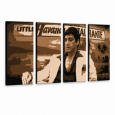 Ručně malovaný obraz POP Art HAVANA - AL PACINO 4 díly al17 – 3D vizualizace ručně malovaného plátna na bílém pozadí. Dominantní barvy: hnědá, béžová, černá.