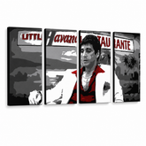 Ručně malovaný obraz POP Art HAVANA - AL PACINO 4 díly al29 – 3D vizualizace ručně malovaného plátna na bílém pozadí. Dominantní barvy: černá, červená, bílá, šedá, hnědá.