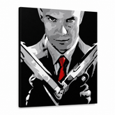 Ručně malovaný obraz POP Art HITMAN 1 díl hit2 – 3D vizualizace ručně malovaného plátna na bílém pozadí. Dominantní barvy: černá, bílá, červená, šedá, hnědá.