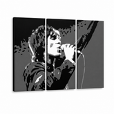 Ručně malovaný obraz POP Art Ian Brown, 3 díly ib2 – 3D vizualizace ručně malovaného plátna na bílém pozadí. Dominantní barvy: černá, bílá, šedá.