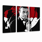 Ručně malovaný obraz POP Art James Bond 3 díly bond2 – 3D vizualizace ručně malovaného plátna na bílém pozadí. Dominantní barvy: černá, červená, bílá.
