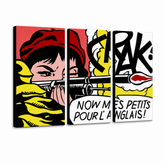 Ručně malovaný obraz POP Art LICHTENSTEIN 3 díly li8 – 3D vizualizace ručně malovaného plátna na bílém pozadí. Dominantní barvy: červená, žlutá, černá, bílá, oranžová.