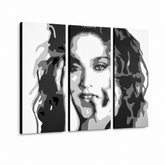 Ručně malovaný obraz POP Art MADONNA 3 díly ma3 – 3D vizualizace ručně malovaného plátna na bílém pozadí. Dominantní barvy: černá, bílá, šedá.
