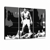 Ručně malovaný obraz POP Art Muhamad Ali 3 díly ali2 – 3D vizualizace ručně malovaného plátna na bílém pozadí. Dominantní barvy: černá, bílá, šedá.