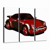 Ručně malovaný obraz POP Art s motivem PORSCHE 911, 3 díly, por2 – 3D vizualizace ručně malovaného plátna na bílém pozadí. Dominantní barvy: červená, černá, bílá.