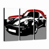 Ručně malovaný obraz POP Art s motivem PORSCHE 911, 3 díly, por5 – 3D vizualizace ručně malovaného plátna na bílém pozadí. Dominantní barvy: černá, červená, šedá.