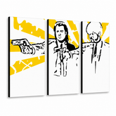 Ručně malovaný obraz POP Art Pulp Fiction 3 dílná pulp2 – 3D vizualizace ručně malovaného plátna na bílém pozadí. Dominantní barvy: žlutá, černá, bílá.