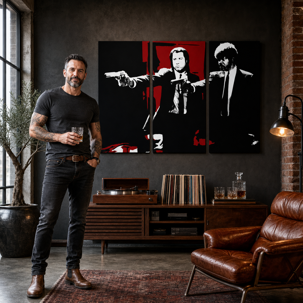 Umělecké dílo s postavami z Pulp Fiction v černé a červené barvě, zavěšené v moderním interiéru nad dřevěnou konzolí s vázou a svíčkou Papilora.