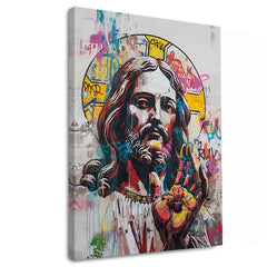 Umělecké dílo na plátně zobrazuje Ježíše Krista v moderním graffiti stylu s výraznými zlatými akcenty a viditelným dřevěným rámem Papilora.