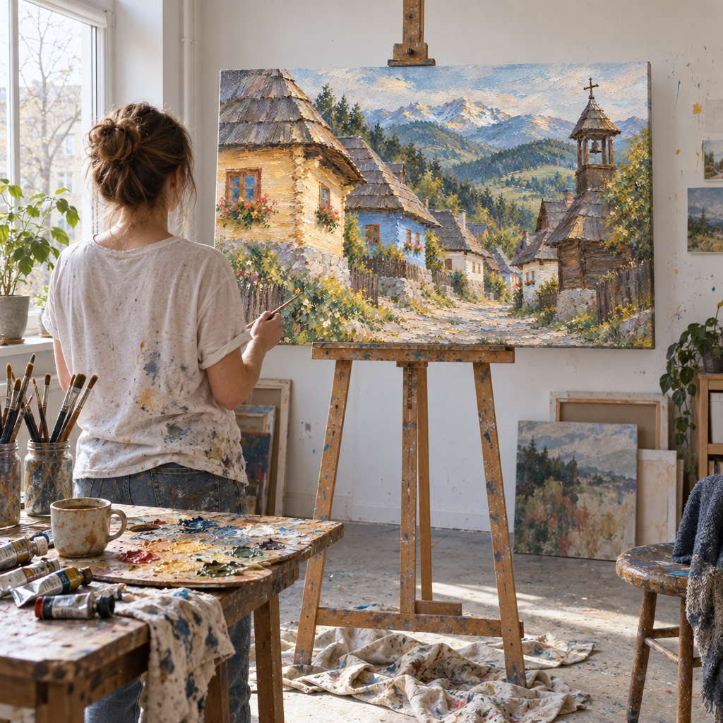 Hotový obraz tradiční slovenské vesnice s dřevěnicemi na stojanu v ateliéru Papilora, ruční dotváření akrylem, přirozené denní světlo.