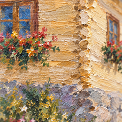 Makro detail ručně malovaných impasto tahů akrylovou barvou na povrchu plátna, viditelná textura a reliéf pro autentický umělecký dojem.