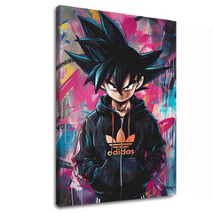 Plátno s potiskem postavy Goku v černé mikině na barevném graffiti pozadí, s viditelným dřevěným rámem, Papilora.