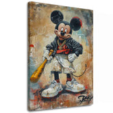Ručně malovaný obraz na plátně s motivem Street Mickey na plátně v béžovo-černých odstínech, městská atmosféra, popkultura a nostalgie | Obraz Street Mickey na plátně – hlavní