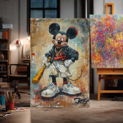 Umělecké dílo s Mickey Mousem v moderním interiéru nad dřevěnou konzolí s vázou a svíčkou, s dominantními hnědými a červenými tóny Papilora.