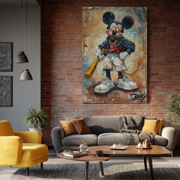 Umělecké dílo s Mickey Mousem v moderním interiéru nad dřevěnou konzolí s vázou a svíčkou, s dominantními hnědými a červenými tóny Papilora.