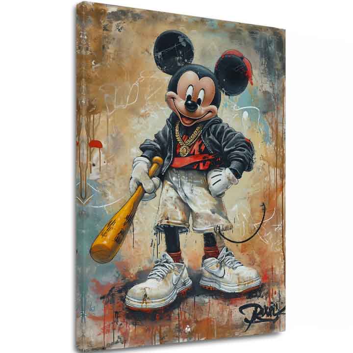 Ručně malované plátno zobrazuje Mickeyho Mouse v hip-hopovém stylu s baseballovou pálkou, s viditelným dřevěným rámem, v odstínech hnědé a černé barvy Papilora.