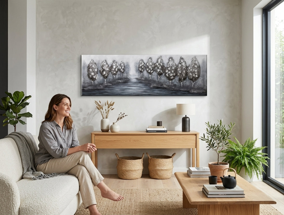 Malovaný obraz na zeď STROMY 150x50 cm – ručně malovaný obraz v elegantním interiéru (Bohemian warm) | wall mockup | premium canvas | Papilora.sk