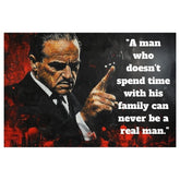 Pop art obraz na plátně s motivem The Godfather na plátně, muž v obleku v černo-červených odstínech, intenzivní atmosféra, rodina a síla a moc – hlavní