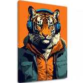 Moderní obraz na plátně s motivem Tiger Vibes, tygr, sluchátka, sako v oranžovo-modrých odstínech, příroda | Obraz Tiger Vibes – hlavní