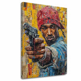 Ručně malovaný obraz na plátně s motivem Tupac Shakur - Rapová gangster v žluto-červených odstínech, městský život | Obraz Tupac Shakur - Rapová gangster – hlavní