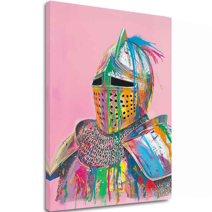 Ručně malované plátno s rytířem v brnění postříkaném barvami na růžovém pozadí, s viditelným dřevěným rámem, Papilora.