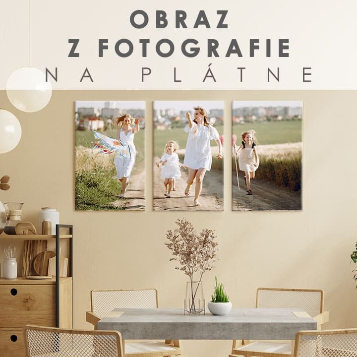 Tři plátna s fotografiemi šťastné rodiny běžící po polní cestě, s viditelným dřevěným rámem, zdobí stěnu Papilora.
