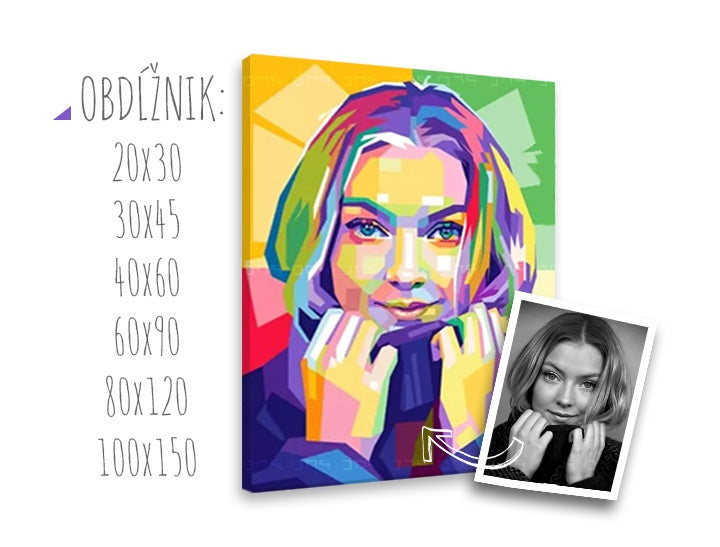 Plátno s pop-artovým portrétem ženy v zářivých barvách, s viditelným dřevěným rámem, je připraveno k zavěšení, Papilora.