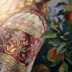 Makro detail ručně malovaných impasto tahů akrylovou barvou na povrchu obrazu, detailní textura a reliéfní struktura folklórního portrétu.