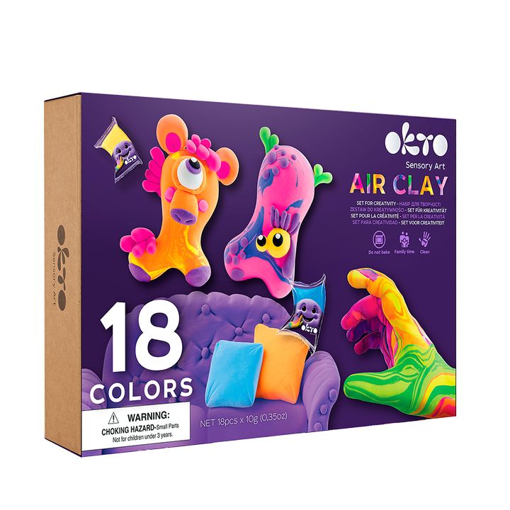 Na plátně je vyobrazena krabice se sadou modelovací hmoty Air Clay v zářivých barvách, s veselými postavičkami a nápisem '18 COLORS' Papilora.