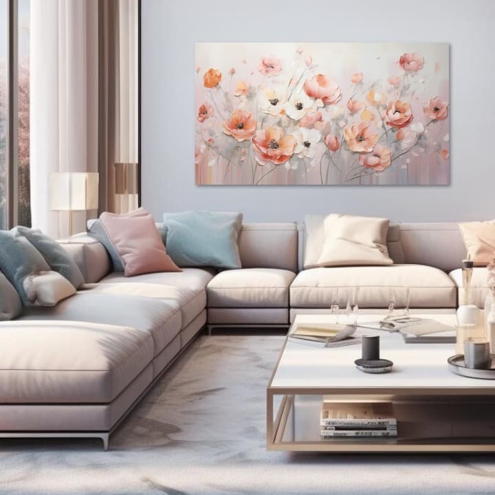 Obraz s něžnými máky v teplých barvách visí v moderním interiéru nad dřevěnou konzolí s vázou a svíčkou Papilora.