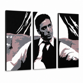Ručně malovaný obraz POP Art AL PACINO 3 díly al11 – 3D vizualizace ručně malovaného plátna na bílém pozadí. Dominantní barvy: černá, šedá, růžová, bílá, hnědá.