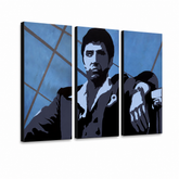 Ručně malovaný obraz POP Art AL PACINO 3 díly al19 – 3D vizualizace ručně malovaného plátna na bílém pozadí. Dominantní barvy: modrá, černá, bílá.