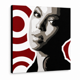Ručně malovaný obraz POP Art BEYONCÉ 1 kus bey3 – 3D vizualizace ručně malovaného plátna na bílém pozadí. Dominantní barvy: černá, červená, hnědá, bílá, šedá.