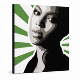 Ručně malovaný obraz POP Art BEYONCÉ 1 kus bey4 – 3D vizualizace ručně malovaného plátna na bílém pozadí. Dominantní barvy: zelená, černá, šedá, bílá, růžová.