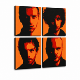 Ručně malovaný obraz POP Art Coldplay 4 kusy cp2 – 3D vizualizace ručně malovaného plátna na bílém pozadí. Dominantní barvy: černá, oranžová, červená.
