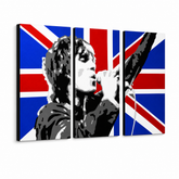 Ručně malovaný obraz POP Art Ian Brown, 3 díly ib4 – 3D vizualizace ručně malovaného plátna na bílém pozadí. Dominantní barvy: černá, červená, modrá, bílá, šedá.
