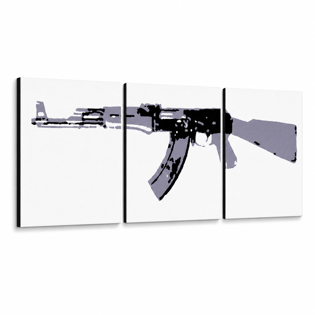 Ručně malované plátno zobrazuje útočnou pušku AK-47 v černé a šedé barvě na bílém pozadí, rozdělenou do tří dílů, s viditelným dřevěným rámem Papilora.