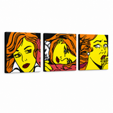 Ručně malovaný obraz POP Art LICHTENSTEIN 3 díly li7 – 3D vizualizace ručně malovaného plátna na bílém pozadí. Dominantní barvy: žlutá, černá, oranžová.