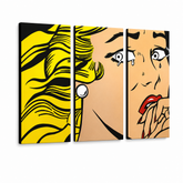 Ručně malovaný obraz POP Art LICHTENSTEIN 3 díly li3/x2 – 3D vizualizace ručně malovaného plátna na bílém pozadí. Dominantní barvy: žlutá, černá, růžová.