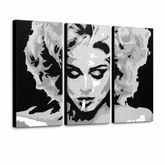 Ručně malovaný obraz POP Art MADONNA 3 díly ma2 – 3D vizualizace ručně malovaného plátna na bílém pozadí. Dominantní barvy: černá, šedá, bílá.