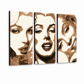 Ručně malovaný obraz POP Art Marilyn MONROE 3 dílný mon1 – 3D vizualizace ručně malovaného plátna na bílém pozadí. Dominantní barvy: béžová, hnědá, černá.