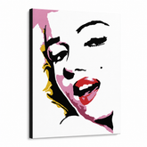 Ručně malovaný obraz POP Art Marilyn Monroe 1 kus mon7 – 3D vizualizace ručně malovaného plátna na bílém pozadí. Dominantní barvy: růžová, červená, černá, žlutá, šedá.