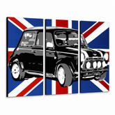 Ručně malovaný obraz POP Art MINI COOPER 3dílný mini2 – 3D vizualizace ručně malovaného plátna na bílém pozadí. Dominantní barvy: černá, modrá, bílá.