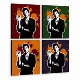 Ručně malovaný obraz POP Art Scarface - AL PACINO 4 díly al36 – 3D vizualizace ručně malovaného plátna na bílém pozadí. Dominantní barvy: černá, oranžová, červená, zelená, fialová.