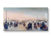 Moderní obraz na plátně s motivem Hendrick Avercamp - Zábava na lade v meste, ptáci v hnědých odstínech, živá atmosféra | Obraz na plátně Hendrick Avercamp - Zábava na lade v meste – produkt