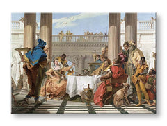 Obraz hostiny v antickém paláci s bohatými detaily a postavami v historických kostýmech, visící v moderním interiéru nad dřevěnou konzolí s vázou a svíčkou Papilora.