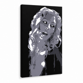 Ručně malované POP Art Christina Aguilera 1 kus ca2 – 3D vizualizace ručně malovaného plátna na bílém pozadí. Dominantní barvy: černá, bílá, šedá.